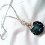  Blue Agate Wire Wrapped Pendant with Silver Plated chain Handmade