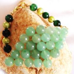Pearl & Aventurine Green Tigers Eye Bracelet Gemstone Handmade