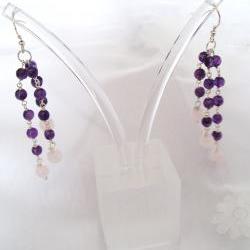 Amethyst / Rose Quartz Earrings Sterling Silver Drop style handmade jewelry